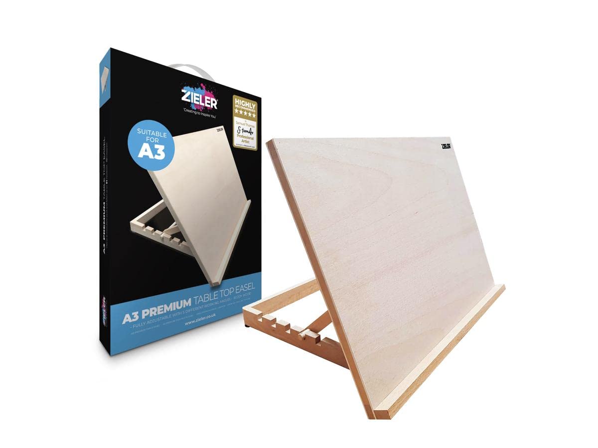 Premium Adjustable Table Top Art Easel/Desk Easel - by Zieler™. Ideal for Presentation, Painting, Crafting, Calligraphy, Sketching, Drawing & Planning - Made from Beechwood - 5 Different Angles (A3)