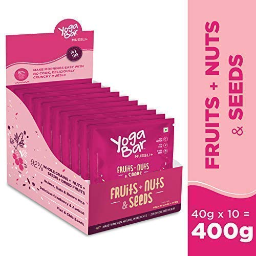 Yogabar Muesli+ Wholegrain Breakfast Muesli - Fruits, Nuts + Seeds, 40g*10 (Pack of 10 Pouch)