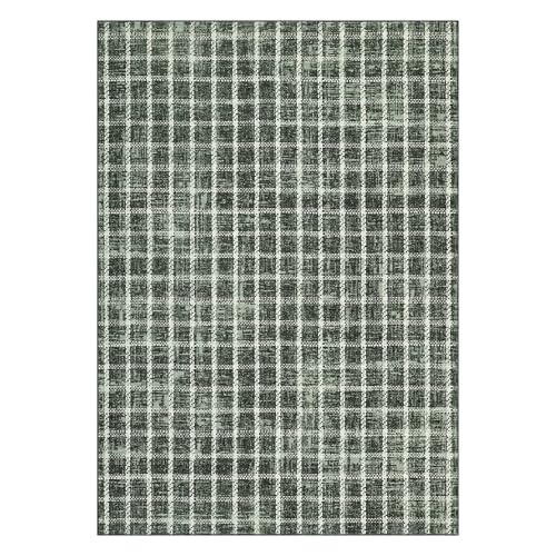 MilleLoom Green 9x12 Living Room Rugs, Washable Checkered Plaid Geometric Bedro…