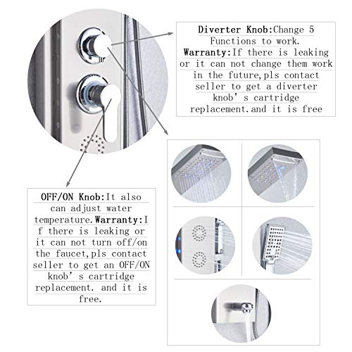 Rozin LED Light Deco 5-Function Shower Panel Waterfall Rain Shower Head + Body Massage Jets + Hand Spray + Tub Tap Brushed Nickel - Thumbnail 6
