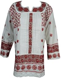 Mogul Womens Beach Tunic Dress Cotton Handmade Embroidered Indian Boho Blouse