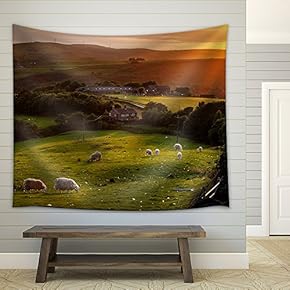 Sheep Grazing in a Beautiful Landscape in The British Countryside - Fabric Wall Tapestry Home Decor - 51x60 inches