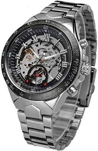 Yoodeet Skeleton Watches Automatic Self-Wind Mechanical Watches Silver Stainless Steel Men's Wrist Watch