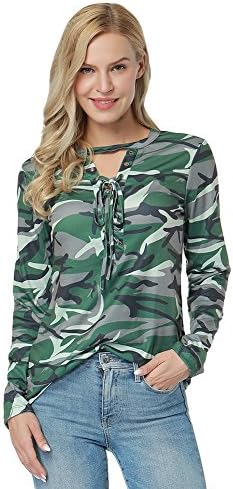 Women Sexy Camouflage Print V Neck Lace Up Long Sleeve Shirt Blouse Top (Army green, XXL)
