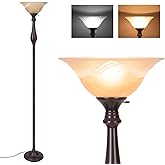 lianheng Floor Lamp with Alabaster Glass Bowl Shade, 72 Inch Tall Torchiere, Dark Brown, Brushed Nickel