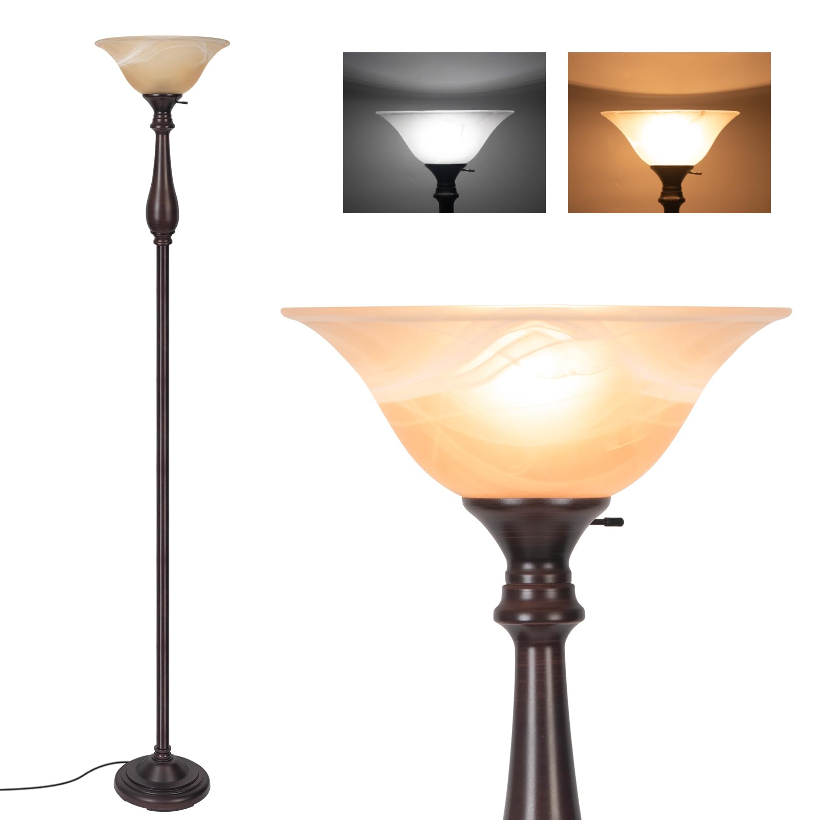Photo 1 of ***** MISSING GLASS SHADE **** HonoDing Torchiere Floor Lamp for Living Room, Standing Lamp with Glass Shade, Iron Brushed Nickel Floor Lamps, Corner Lamps for Bedroom, Office, Reading (Dark Brown)