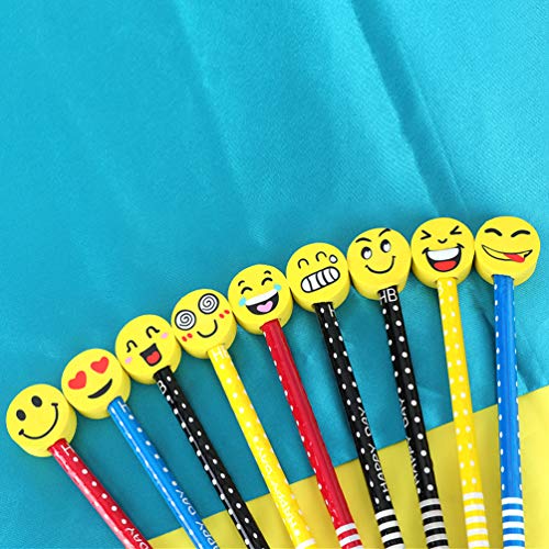 Kids Wooden Pencils Colorful Stripe Pencil With Cute Cartoon Smiley Face Eraser for School Supplies and Children Prize Gifts 9 Pack By BUSHIBU - Thumbnail 5