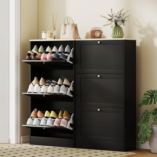 HOMCOM Narrow Shoe Cabinet, Shoe Storage Cabinet with 3 Flip Drawers and Adjustable Shelves for Hallway, Entryway, Holds 12-18 Pairs, Black