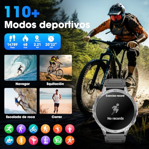 Reloj Inteligente Hombre 1,75" AMOLED 730mAh 110+ Modos Deportivos, Reloj Militar Hombre Pulsómetro/Sueño/Podómetro/IP68 Impermeable, Smartwatch con LED Linterna para Android iOS (Llamadas Bluetooth)