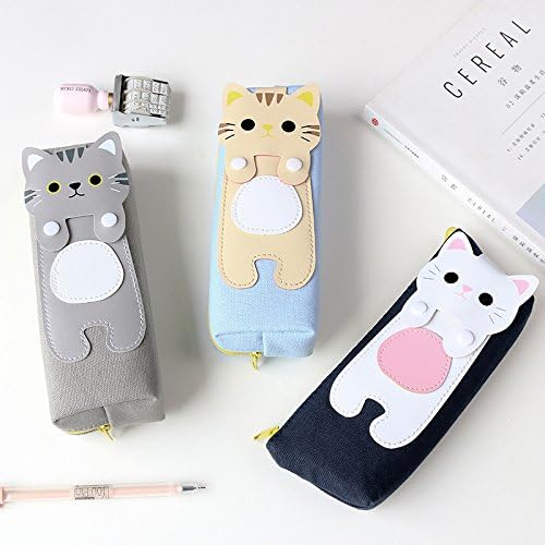 Cute Simple Creative Cat Cartoon Canvas Pencil Female Students Large Capacity Zipper Pencil Case Pencil Bag AE1-14 Triangle - Beige