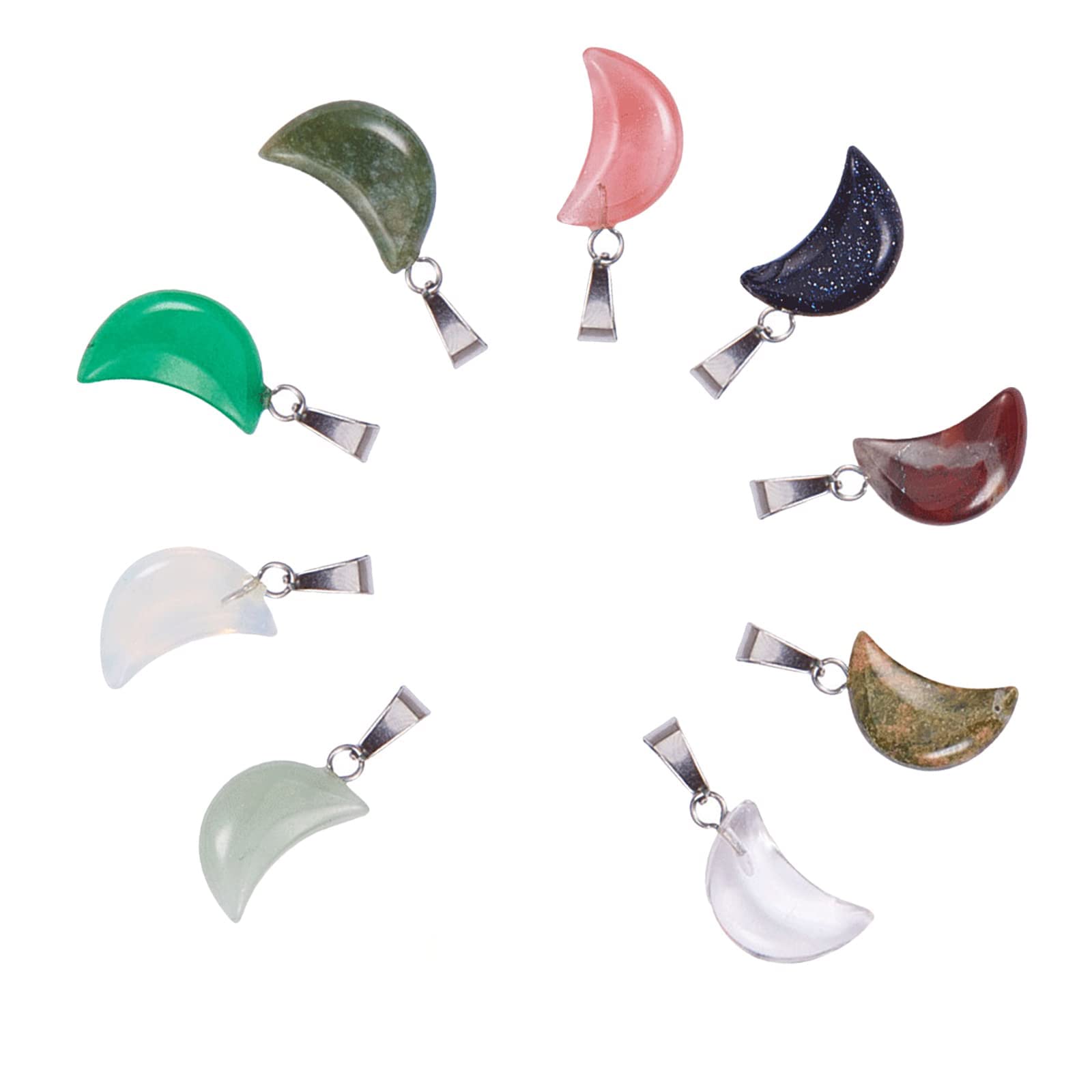 PH PandaHall 9pcs 9 Colors Moon Shape Stone Pendants with Platinum Tone Brass Findings for Necklace Jewellery Making