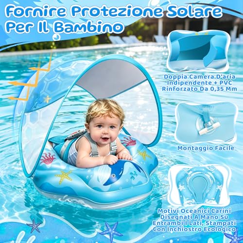 IEEILULU Salvagente Neonato, Ciambella Neonato Mare con Parasole Olare Rimovibile UPF50+, Salvagente Bambino con Adesivo di Riparazione per Piscina, Spiaggia, Vacanze da 6 a 36 Mesi