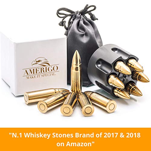 Whiskey Stones Bullets with Base - Gold XL Whiskey Ice Cubes Reusable - Cool Gifts for Men - Set of 6 Whiskey Bullets Stainless Steel in Revolver Base - Chilling Whiskey Rocks Gift Set by Amerigo