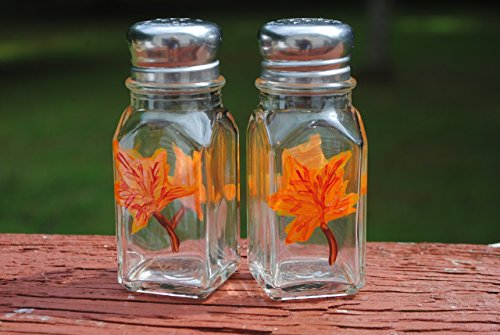 Autumn Orange Maple Leaf Fall Glass Salt & Pepper Shakers Set Hand Painted