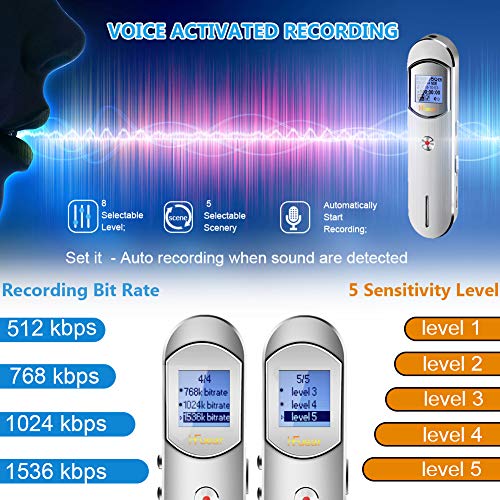 Voice Recorder, 16GB 1536Kbps Digital Voice Activated Recorder for Meetings,Lectures,Class - Stereo Audio Sound Recorder with 64GB TF Card Expansion, Noise Reduction, Password, USB Charge by Hfuear - Thumbnail 3