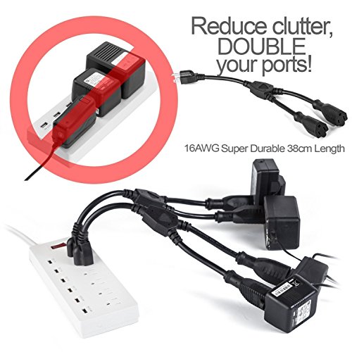 2 Way Splitter Extension Cord, 3 Prong Double Outlet Power Cord, 16 AWG, 1 Foot Black, 3 Pack by