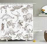 Ambesonne Jurassic Shower Curtain, Arrangement of Various Dinosaurs Illustrations Skeleton Biology Historic, Cloth Fabric Bathroom Decor Set with Hooks, 70