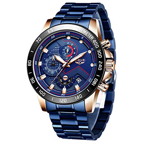 LIGE Relojes Hombre Moda Deportes Impermeable Analógico Cuarzo Acero Inoxidable Militar Azul Reloj Pulsera para Hombre