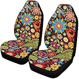INTERESTPRINT Funny Hippie Peace Sign Paisley Flowers Auto Seat Protector 2 Pack, Vehicle Seat Protector Car Mat Covers, Fit Most Vehicle, Cars, Sedan, Truck, SUV, Van…