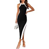 oten Women's Sleeveless Halter Ribbed Knit Bodycon Midi Slimming Side Slit Summer Night Out Vacation Dress