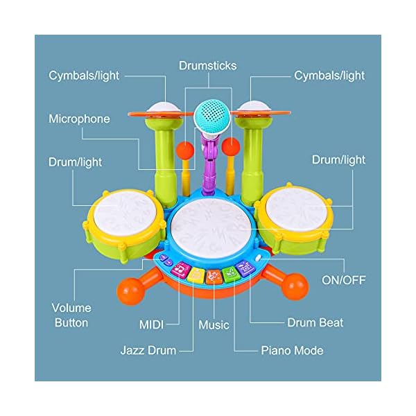Kids Drum Set, Rabing Electric Musical Instruments Toys with 2 Drum Sticks, Beats Flash Light and Adjustable Microphone…