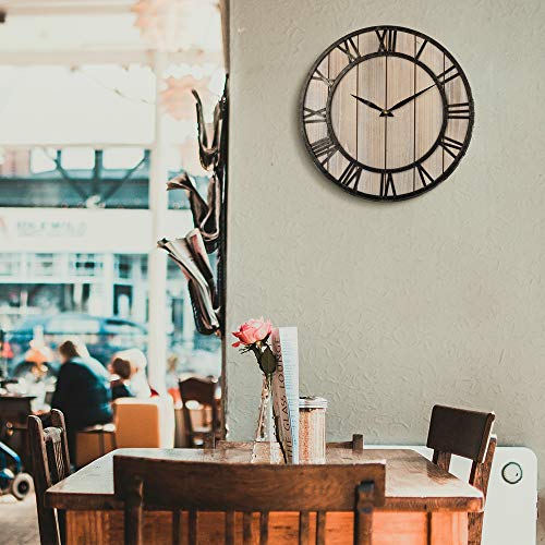 Large Farmhouse Wall Clocks, 18 Inch Vintage Roman Numerals Silent Clock, Solid Wood & Metal Frame Home Rustic Decorative Clock for Indoor, Living Room, Bedroom, Kitchen, Dining Room - Light Wooden
