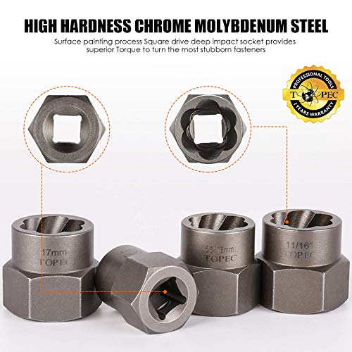 Topec 18Piece Stripped Nut Remover, 3/8” Drive Impact Extractor Set, Damaged Bolt Nut Remover