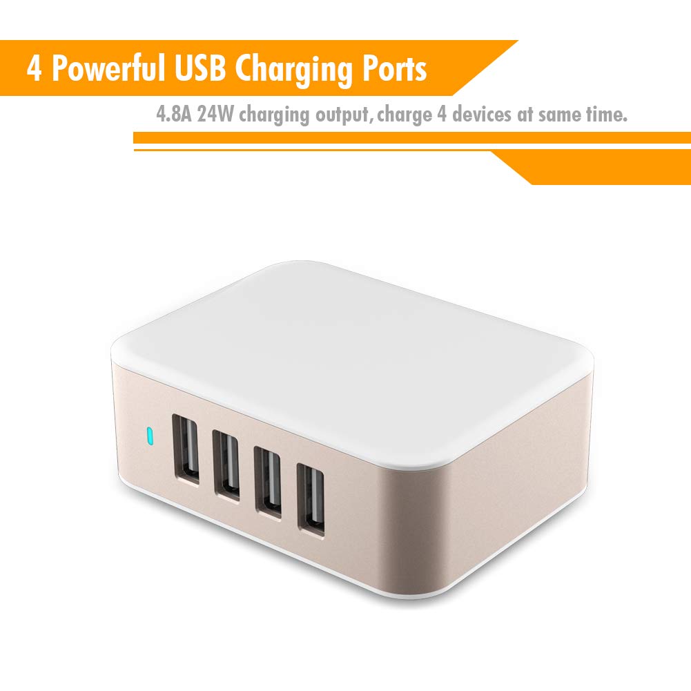 USB Wall Charger Power Adapter 4-Port USB 24W Travel Charger Adapter with Foldable Plug Multi Device Smart Charging-Compatible with iPhone, iPad, Samsung, Galaxy (Gold)