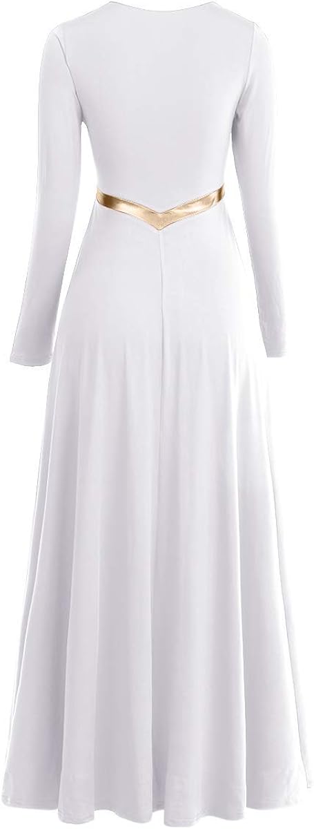 Women Metallic Cross Liturgical Praise Dance Dress Lyrical Dancewear Color Block Full Length Robe Worship Costume: Clothing