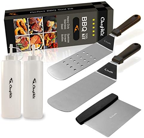 Griddle Tool kit - Professional Stainless Steel Grade Grill Accessories - Griddle Spatula Turner Scraper Tools Set - Great for Backyard Kitchen Flat Top Outdoor Cooking And Barbecue Set of 5