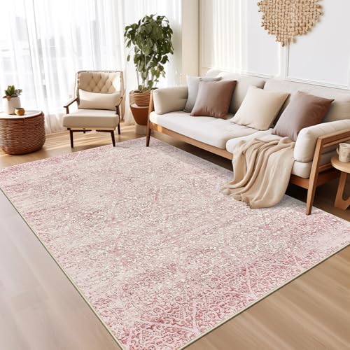 Soalmost Area Rugs 5x7 for Living Room, Floral Washable Rugs for Dining Room, Bedroom, Kitchen, Vintage Non-Slip Thin Area Rug(Pink, 5'x7')