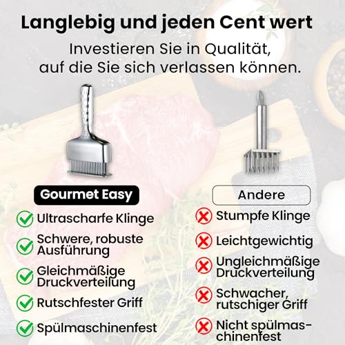 Gourmet Easy Meat tenderiser made of stainless steel, extra long handle, one-piece and sturdy workmanship, steaker with ultra-sharp blades, rust-proof and dishwasher safe, 5 year replacement promise
