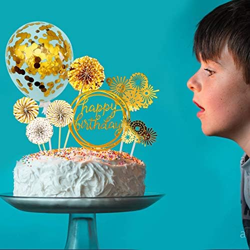 Izoel Or Gateau Anniversaire Decoration Cake Topper Or Fan Papier Joyeux Anniversaire Banniere Confettis Ballon Feu Artifice Star Or Theme Fete Decor Mariage Fille Garcon Enfant Femmes Homme Cuisine Maison Decorations