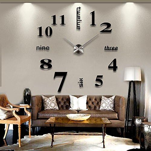 Wall Clock Modern DIY 3D Frameless Digital Large Clocks for Kitchen Home Office Sticker Art Decor Creative Mute Diameter 20 Inches Removable Decoration Acrylic (Black)