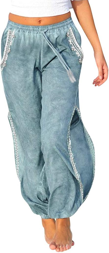 JOFOW Womens Pants Solid Side Slit Loose Comfy Bowknot Pants