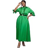 AOMEI Elegant Stand Collar Button Down Basic Ruffle Belted Dress for Women Church Half Sleeves Casual Summer Maxi Dresses