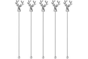 Mewuthede Swizzle Sticks,5 Pcs Stainless Steel Reusable Deer Head Shape Cocktail Stirrer Coffee Beverage Stir Sticks for Cocktail, Whiskey, Hot Cocoa, Creamer (Ancient Silver)