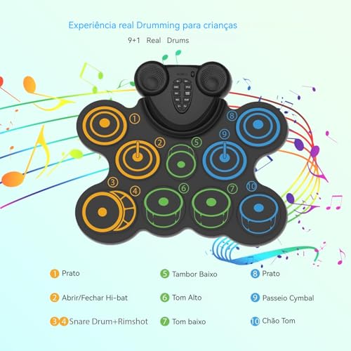 VEDO Bateria Eletrônica Infantil 10 Pads Sensíveis, Alto-Falantes Duplos, 2000mAh Bateria Recarregável, MIDI e Conexão para Fones - Kit Musical Portátil com 9 Músicas Demo e 10 Ritmos Crianças