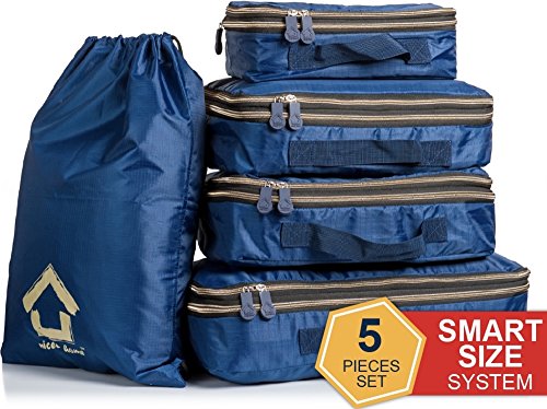 Compression Packing Cubes Set - Luggage Organizers for Travel With Double Zipper - 5 Piece Water Resistant Packing Squares & Laundry Bag for Carry On (Bright Blue)