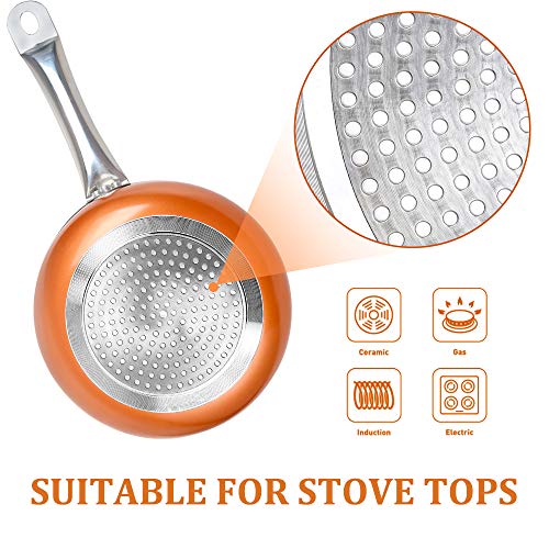 SHINEURI 2.5 qt Copper Saucepan with Lid, Mini Saute Pan with Stainless Steel Handle - Cooking for Soup, Stew, Sauce, Pasta & Reheat Food, Compatible for Induction, Gas, Electric & Stovetops