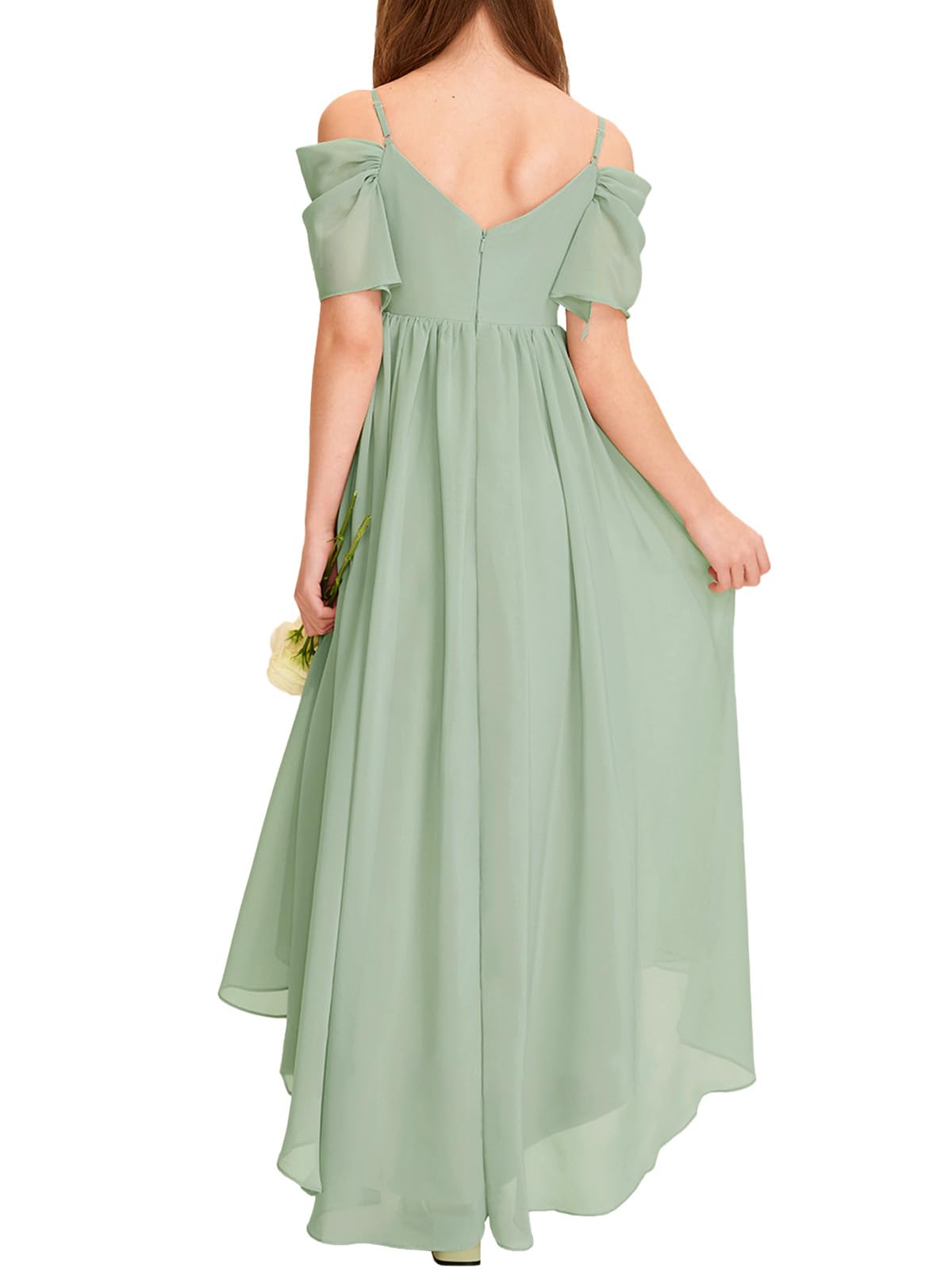 Haloumoning Girls Cold Shoulder Dress A-line Asymmetrical Chiffon Junior Bridesmaid Birthday Party Dress