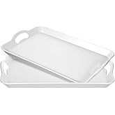 2 Pack Melamine Serving Trays with Handles, Large White Rectangular Serving Platter, Unbreakable, Suitable for Salad, Meat, Fruit Dessert, Cupcakes, Dishwasher Safe, 16.5×11×1.26 Inches