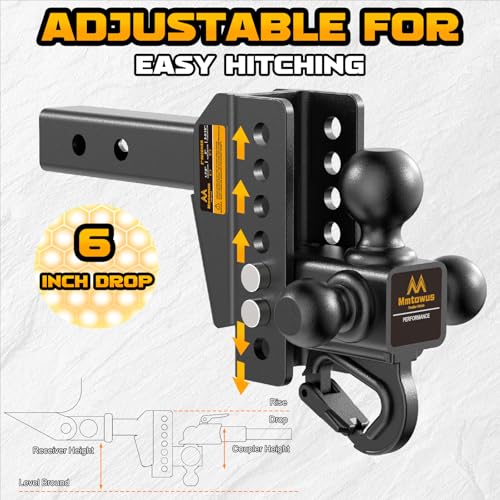 Mmtowus Adjustable Trailer Hitch - Drop Hitch Fit 2" Receiver -6" Drop/Rise | Tri Ball Mount with Hook (1-7/8'', 2'' & 2-5/16''), 12,500 LBS GTW Tow Hitch, 3 Ball Hitches for Trucks, RVs, Camper, SUV etc