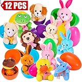 12 Pieces Easter Eggs Filled with Mini Toys - Perfect As Party Favors, Easter Egg Hunt Supplies - Different Plush Toy Filled 3.15'' DIY Colorful plastic eggs