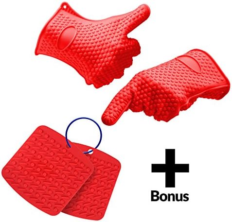 Silicone Heat Resistant Cooking, Oven Gloves for BBQ, Grilling, Baking, Potholder, + - Bonus - Hot Pads to Protect Countertops and Tables