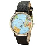 Inkach® Women Global Travel By Plane World Map Dress Watch Denim Fabric Leather Band Wrist Watches (Black)