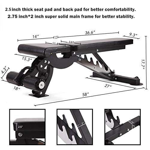 Vanswe Adjustable Weight Bench 1000lbs Flat/Incline/Decline Utility Exercise Workout Bench Sit Up Home Gym Equipment for Full Body Workout (Black) - Thumbnail 7