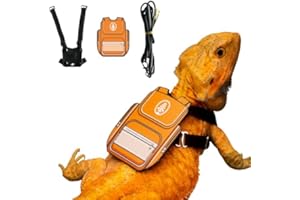 FORZENA Bearded Dragon Harness Leash Soft Leather Harness with Backpack Patch Adjustable Strap Outside Walk Training Leash for Reptile Lizard Amphibians (Orange)