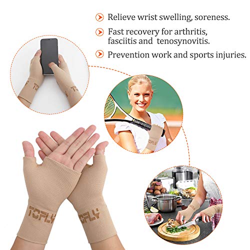 TOFLY Compression Arthritis Gloves, 1 Pair, Thumb & Wrist Support for Men Women, 20-30mmHg Compression Wrist Sleeve for Carpal Tunnel, Wrist Pain & Fatigue, RSI, Tendonitis, Sports, Daily Use, Beige S - Thumbnail 6