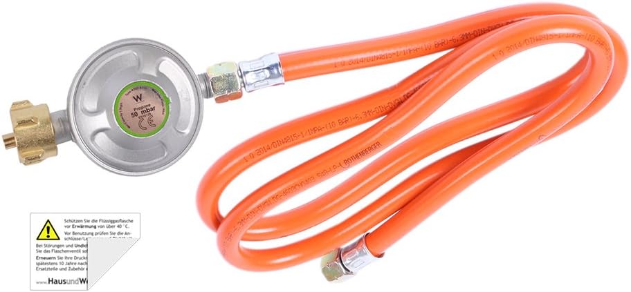 HausundWerkstatt24 Camping-Regler-Set: 80 cm Schlauch + 50 mbar Druckregler + Sicherheitsaufkleber